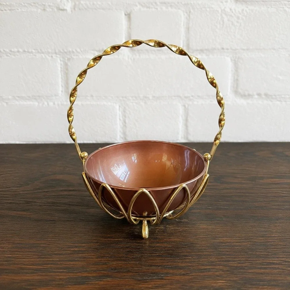 Vintage Gold Wire Basket Copper Bowl - MCM Peoria Plastic Candy Dish - 1960s